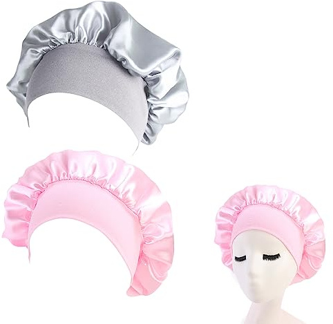 2 Stück Satin Haarhaube, Satin Bonnet, Silk Bonnet, Nacht Schlaf Mütze, Verstellbare Schlafkappe Kopfbedeckung, Weiche Kopfhaube, Schlafhaube, Mit Gummizug, Für Damen und Mädchen (Silber und Rosa)