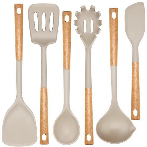 NCUE Set di utensili da cucina, grande set di utensili da cucina in silicone antiaderente, 6 pezzi, manico in legno resistente al calore, spatola in silicone per zuppa, mestolo, pasta, utensili da