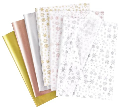Larcenciel Carta Velina Natalizia, 120 Fogli Carta Velina per Imballaggio con Fiocco di Neve Glitterato, Carta Regalo Metallizzato 3 Colori per Vacanze, Decorazione per Feste, Artigianato, 50x35cm