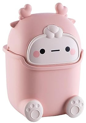 perfk Poubelle de Bureau Corbeille à déchets 5L Forme de Dessin animé Type Coulissant Maquillage Rangement de Table Poubelle de comptoir pour Bureau, Table, Rose