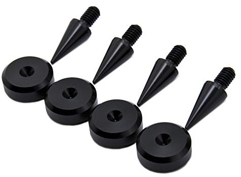 PrecisionGeek – M6 Lautsprecher-Spikes & Pads Set (4 Spikes Ø10×20 mm + 4 Pads Ø20×8 mm), Aluminium Schwarz, CNC-gefräst, Vibrationsdämpfer & Entkopplung für HiFi-Lautsprecher, Subwoofer & Soundbars