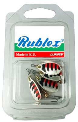 RUBLEX - Blister 4 Cucharillas de Pesca Celta nº2 Plata Rayas Negras Rojas con Anzuelo Simple sin Muerte, 3,5 GMS.