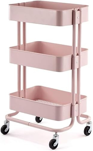 JOLUCE Professional Movable Hand Trucks Storage,Kitchen Movable Trolleys, Beauty Trolley on Wheels,Carbon Steel 3 Tier Tool Storage Cart for Hairdresser and Spa/Pink/45X35X78Cm