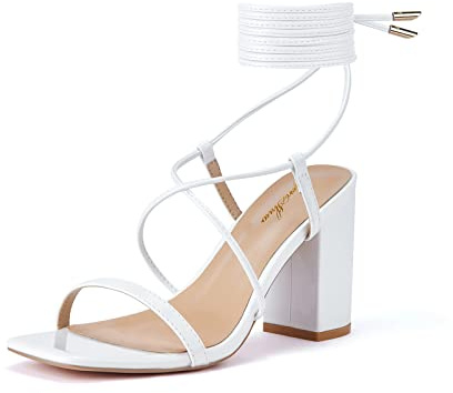 GENSHUO Sandales à Lacets avec Bout Carré Ouvert et Talon Bloc pour Femme, Chaussures de Mariée d'Été pour Mariage, Blanc B, EU 40