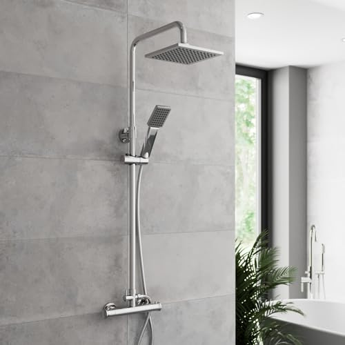 BAYSTONE Thermostatic Mixer Shower Square Chrome Rainfall Shower Head Handset Exposed Valve Hose & Rail Bathroom