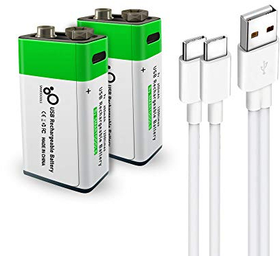 Batterie ricaricabili agli ioni di litio USB 9 V, 650 mAh, batteria ricaricabile 9 V, ricarica rapida 1,5 ore, 1200 cicli con cavo di ricarica di tipo C, protezione da sovraccarico, confezione da 2
