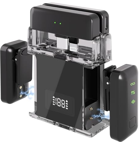 Microfono Lavalier Wireless (2 TX + 2 RX + custodia di ricarica), Batteria da 20 ore, Trasmissione a 200 Piedi, Mini Microfono a Bavero con Riduzione Del Rumore per la Registrazione Video, TikTok