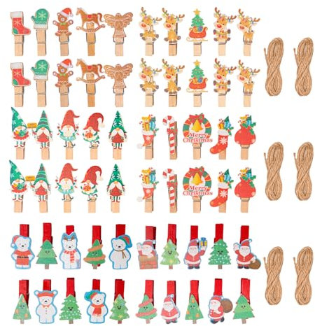 Sxutop 60 Pièces Mini Pinces en Bois Noël Pinces a Linge 3.5 * 0.7 cm Épingles en Bois Noël Clips Photo avec Ficelle de Jute pour Décoration, Murs Photo, Sacs en Papier