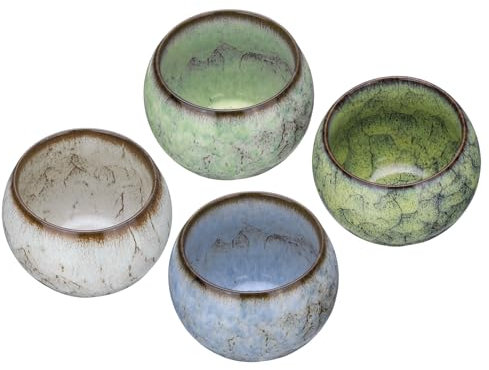 HARFINGTON 4 handgefertigte Teeschalen, 150 ml, Ofenwechsel, chinesische japanische Teetasse, Keramik, Gong-Fu-Teeset für Büro, Zuhause, Geschenke, Gelb, Hellblau, Grün, Weiß