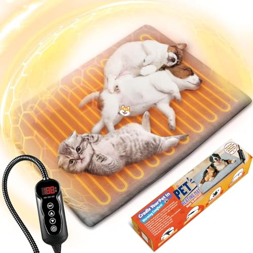 Waterproof Pet Heating Pad for Dogs Smart Thermostat Switch, 11 Adjustable Temperature Whelping Supplies Heated Dog Bed & Timer, Puppy Heating Pad Mat-Whelping Box for Dogs with Chew Resistant Cord