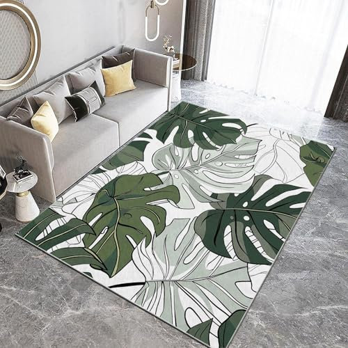 Line Art Monstera Leaves Rugs for Living Room White Bedroom Rug 140 x 200 cm Area Rugs for Living Room Anti-Slip Carpet 3D Printed Pile Rug Non Shedding, Easy to Clean