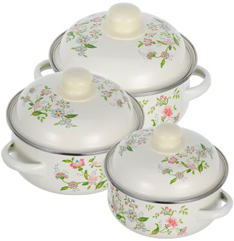 OKUMEYR 3pezzi Pentola Smaltata Vintage con Doppio Manico per Stufato e Brodo in Motivo Floreale per Cucina Domestica Resistente alle Alte Temperature e Facile da Pulire