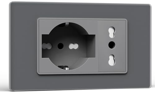 BSEED Presa Schuko e Presa Italiana, Prese Elettriche da Muro 10A/16A, Schuko con Pannello di Vetro, Presa Bipassa 118mm Grigrio