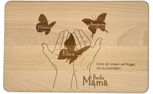 KATINGA Personalisiertes Frühstücksbrett Mama | Ideal für Muttertag | mit Gravur für bis zu 4 Kinder (Schmetterlinge)