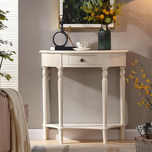 Qiydia Tavolo Consolle in Legno Massello con Cassetto, Tavolo D'ingresso Semicircolare con Ripiano Portaoggetti, Elegante Mobile Espositivo A Mezzaluna per Soggiorno, Corridoio