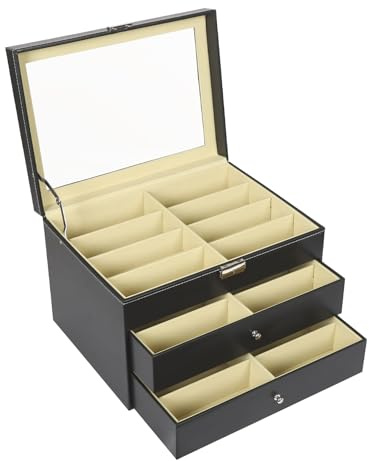 GAOUSD Boîte à Lunettes 3 Niveaux 24 Compartiments Boite De Rangement Avec Couvercle et clé Rangement Lunette de Soleil,Pour Ranger Lunettes, Bijoux, Boutons de Manchette