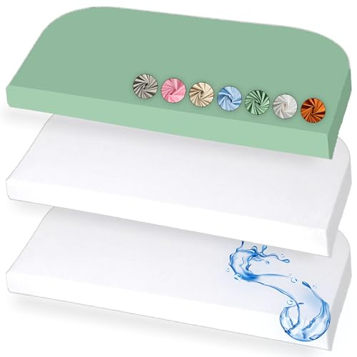 Kompatibel BabyBay Spannbettlaken X2 + Matratzenschoner X1-50x89cm Spannbettlaken Baby Kompatibel mit Maxi, Midi, Boxspring, Comfort, Comfort Plus (Weiß/Eukalyptus, 50x89cm)