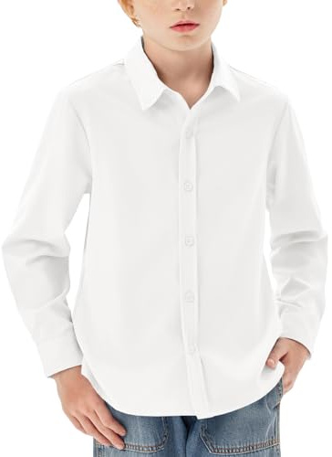 Haloumoning Camisa de manga larga para niño, con botones, corte regular, informal, informal, fiesta, camisas, monocolor, fácil de planchar, uniforme escolar formal