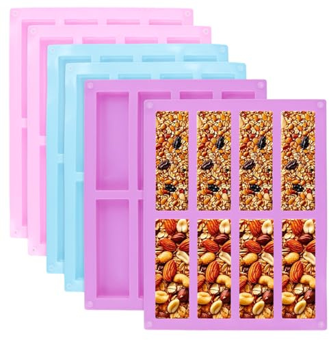 MUKSUET Silicone Bar Moulds 6PCS, 8 Cavity Large Rectangle Granola Cereal Energy Bar Maker, Reusable Non Stick Baking Mold for Chocolate, Brownie, Bread, Cheesecake, and Soap (Purple)