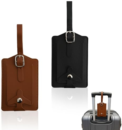 2 Piezas Identificador de Maletas, Etiqueta Maleta Viaje Cuero de PU, Etiquetas para Maletas con Cordón Ajustable, Viajes Accesorios, Apto para Maletas de Todos Los Tamaños, Negro Marrón