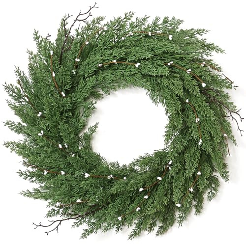 Weldomcor Christmas Wreath for Front Door 22 Inch Large Real Touch Norfolk Pine Wreaths Christmas Door Wreath Green Faux Cedar Xmas Wreath Christmas Decorations for Fireplace Wall Window Decor
