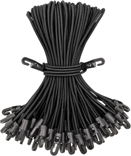 Anhoer 25Pcs Small Bungee Cords with Hooks 6 Inch Black Elastic Rope Shock Cords Bungee Straps Black Short Bungees with Hooks for Camping Tarp Tents Garden Furniture Netting Tarpaulin Hooks