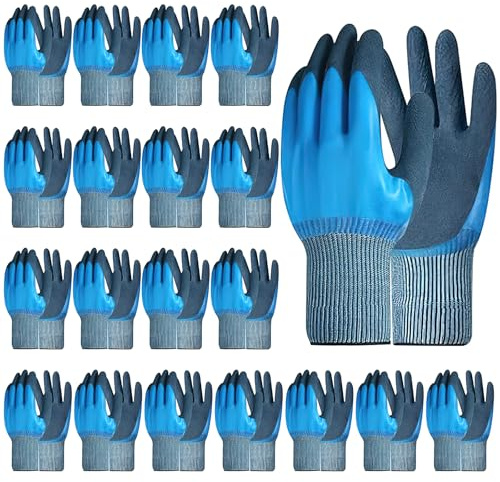 RWFMO 20 Pairs Waterproof Work Gloves, Coated Latex Safety Gloves with Grip | Garden Gloves with Flexible Knitted Cuffs for Cleaning, Gardening, Fishing and Outdoor Tasks