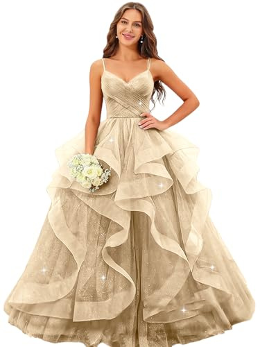 Glitter Prom Dress Ball Gown Corset Formal Gowns Evening Dresses Sparkly Tulle Wedding Formal Dress Champagne US8