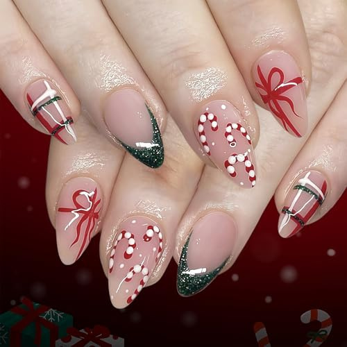 Auroriel 24 Pièces Noël Ongles Auto-adhésifs Moyenne Amande Faux Ongles Avec Design Cadeau Vert Paillettes French Tips Coller Sur Ongles Stylos Rouges Coller Sur Ongles H