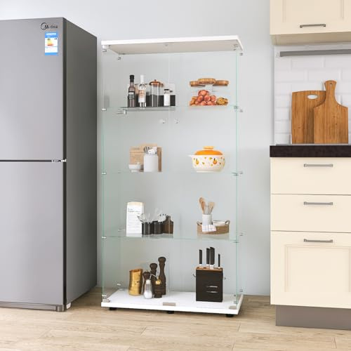 CDQL Glasvitrine 80.5x36.5x164.3cm, 2 Türen, 4 Einlegeböden, Vitrine mit Schloss, Glas Rückwand, für Sammlungen, Bücher und Wein, Wohnzimmermöbel, Weiß