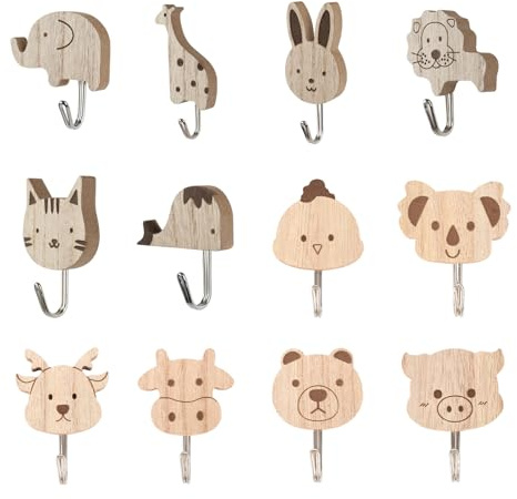 Vauki 12 ganchos de madera para guardarropa infantil, bonitos dibujos animados, ganchos para ropa infantiles, ganchos decorativos para habitación de los niños, dormitorio, baño, armario infantil