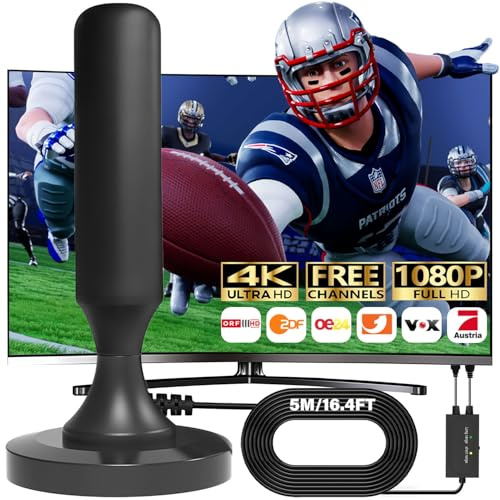 Antenne DVBT2 avec amplificateur intérieur DVBT-T2 Antenne HDTV d'intérieur pour téléviseur, réception maximale à 360°, qualité de signal maximale, prise en charge de l'antenne TV 4K HD TNT (noir)
