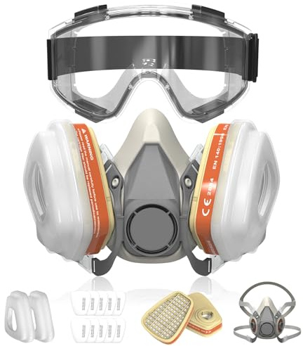 SURFOU Masque Antipoussière à Cartouche A1P2, Demi-Masque Réutilisable avec 2 Cartouches Filtre + 10 Préfiltres + Lunettes de Protection, pour Peinture, Sablage, Résine Époxy et Pulvérisation