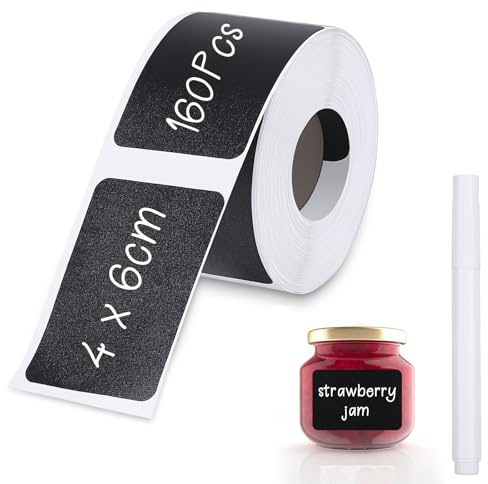 160 Tafelaufkleber Selbstklebend 4 X 6 cm mit Weißem Kreidestift | Abwischbar, Wiederverwendbar, Mattes Vinyl, Zuschneidbar, für Gläser, Flaschen und Vorratsdosen