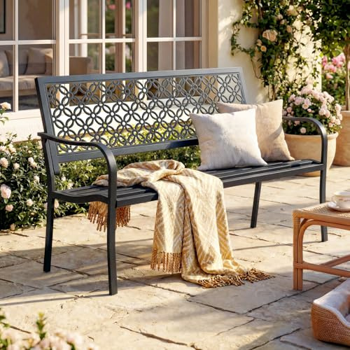 Gartenbank aus Metall wetterfest, 2-3-Sitzer Outdoor Sitzbank Schwarz | verzinkter Stahl, florale Rückenlehne, bis 318 kg belastbar, für Terrasse & Balkon, Retro Bank