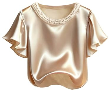 SweatyRocks Women's Satin Ruffle Short Sleeve Pearl Crew Neck Dressy Casual Blouse Shirt Top Champagne Large