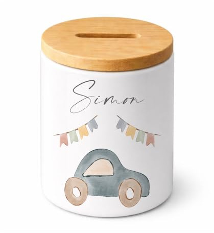 Manufaktur Liebevoll | Personalisierte Spardose für Kinder mit Namen Keramik Spardose mit Bambusdeckel Kinder Spardose personalisiert Geschenk zur Geburt, Taufe & Geburtstag (Auto)