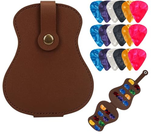18 Stück Plektren für Gitarre mit Braun PU-Leder Plektren-Organizer – Universelles Gitarrenplektrum, perfekt für E-Gitarre, Akustikgitarre und Bass (4 Stärken: 0.50mm, 0.75mm, 1.00mm, 1.20mm)