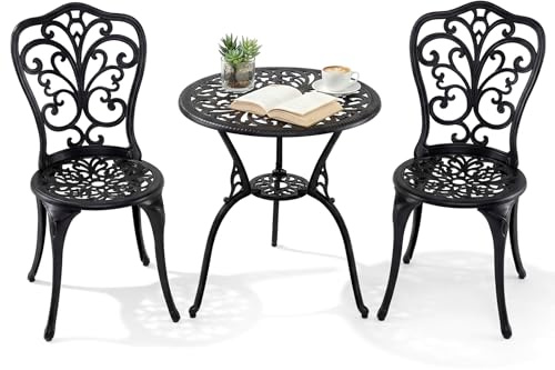 COSTWAY Conjunto Jardin Exterior de 3 Piezas, Aluminio Fundido, Mesa y 2 Sillas Jardin con Orificio para Sombrilla, Set de Bistro Balcon Terraza Espacios Pequeños, Diseño de Floral, Vintage