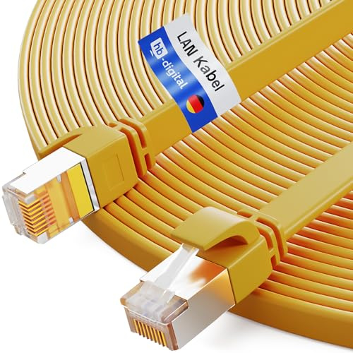 HB-DIGITAL 5m patch cable CAT.7 LAN plano U/FTP cable de red 2x RJ45 enchufe cobre profesional delgado flexible 10 Gbits puerto Ethernet 600 MHz cable Internet PC router switch modem TV amarillo