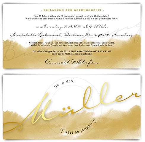 Kartenmachen.de 10 x Goldene Hochzeit Hochzeitseinladungen Goldhochzeit individuell Einladungskarten - Großer Name