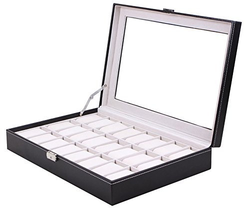 OUTLETISSIMO COFANETTO PORTA OROLOGI 24 POSTI IN SIMILPELLE COPERCHIO IN VETRO 43x28x9,5CM