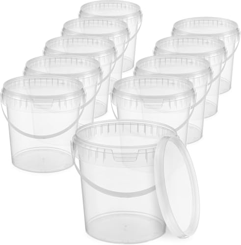 BenBow Eimer mit Deckel 1l transparent 10x 1 Liter - lebensmittelecht, stabil, luftdicht - Plastikeimer mit Henkel - leer