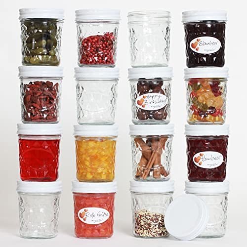 megusta!® 16 vasetti per conserve | 200 ml | con motivo a diamante | coperchio bianco | per marmellata, dessert, yogurt | cuocere e congelare | + 16 etichette