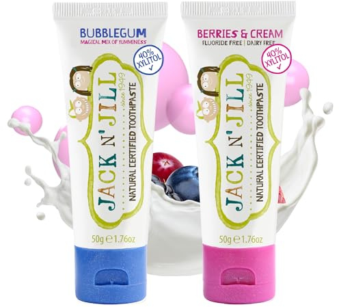 Jack N’ Jill Natural Certified Kids Toothpaste – Fluoride-Free Toddler & Baby Toothpaste with 40% Xylitol, No Sugar, Suitable from 6 Months+, Bubblegum and Berries & Cream, Pack of 2 (50g Each)