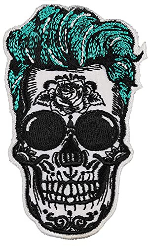 Toppa ricamata da applicare con ferro da stiro o cucitura: Calavera messicana Dia de los muertos | Emblema con teschio messicano ricamato da annodare/stirare - 55x90mm