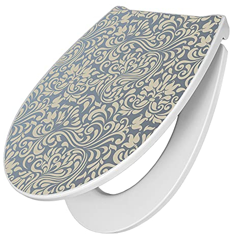 banjado Premium Toilettendeckel mit Absenkautomatik 45x38,4cm / WC Brille Soft Close/hygienischer Toilettendeckel/Klodeckel Duroplast mit Edelstahl Scharnier/Motiv Blaues Ornament