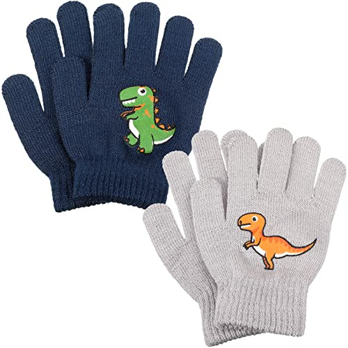 SATINIOR 2 Pairs Full Fingers Kid's Knit Winter Thermal Gloves Soft Magic Warm Stretch Gloves for Boys Girls, Navy and Gray (Dinosaur, one size)