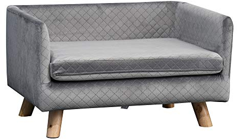 PawHut Hundesofa mit Holzbeinen Hundebett Haustiersofa Hundematte für kleine Hunde bis zu 8 kg Samt-Touch Grau 64 x 45 x 36 cm