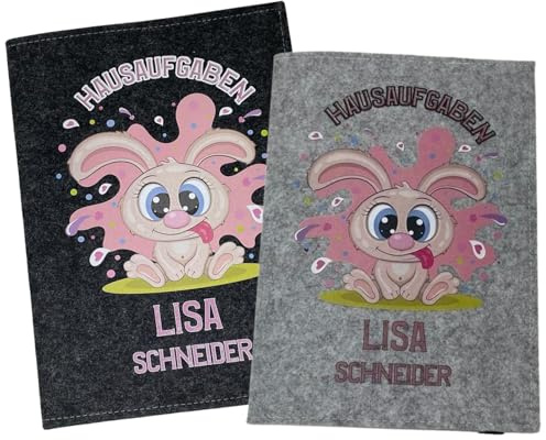 Hausaufgabenheft Hülle personalisiert mit Namen Datum schlicht A5 - Grundschule für Mädchen und Junge - Einschulungsgeschenke Heftumschlag - Geschenkideen Einschulung - Lustiger Hase
